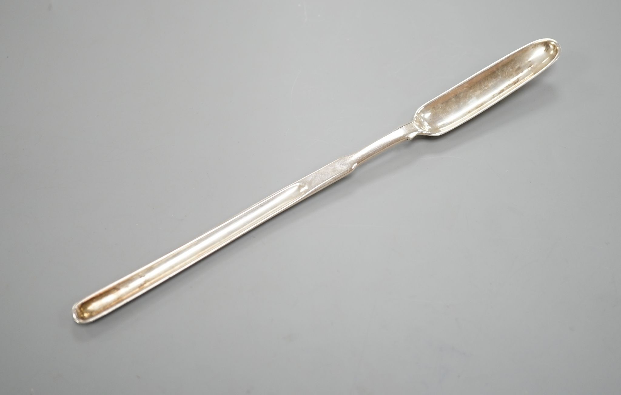 A George III silver marrow scoop, with engraved crest, Peter & William Bateman, London, 1810, 24.6cm, 56 grams.